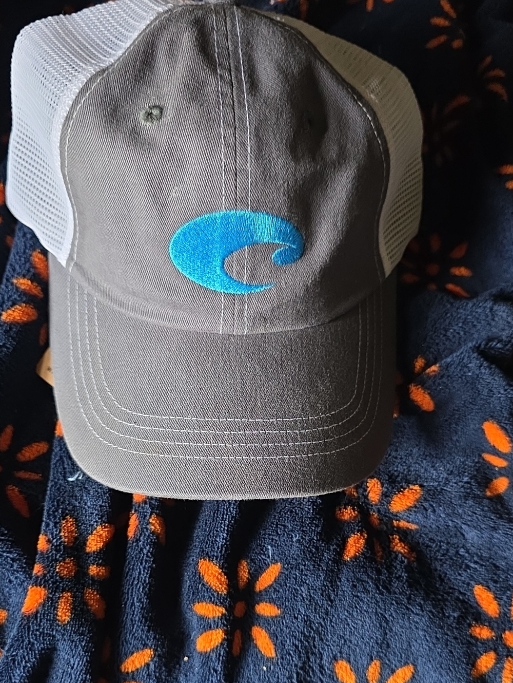 Costa Gray and White Trucker Cap with Teal Logo Tag